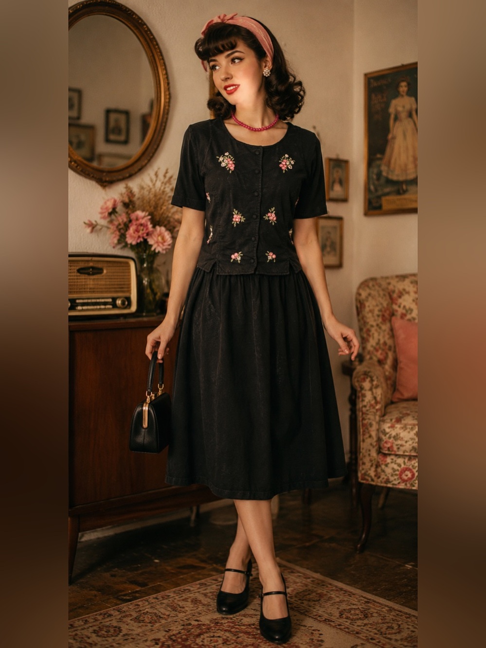 Karin Stevens Petites Black Floral Embroidered Vintage Style Midi Dress 14P